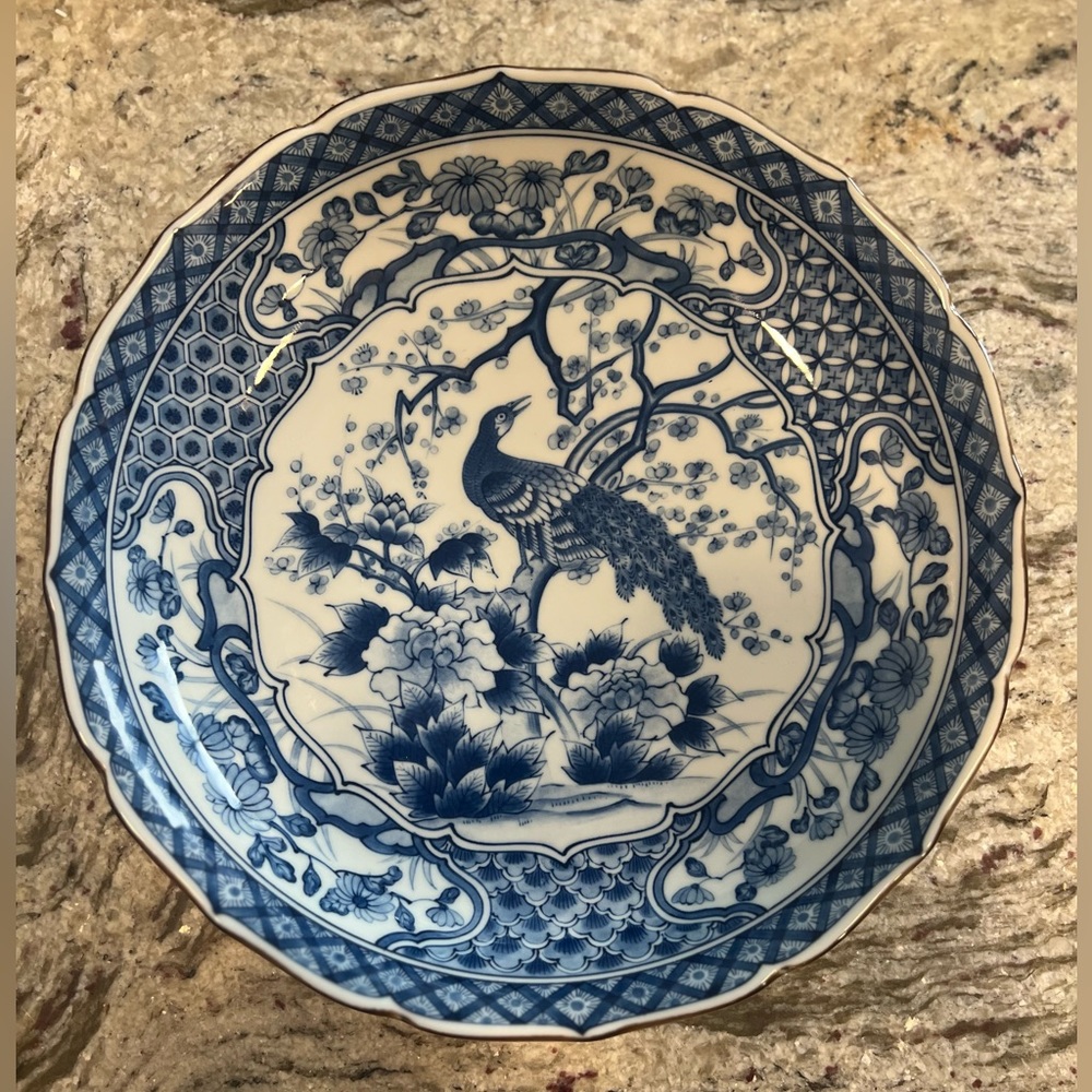 Vintage Blue and White Peacock Andrea by Sadek Dish Plate Bowl Japan 12"